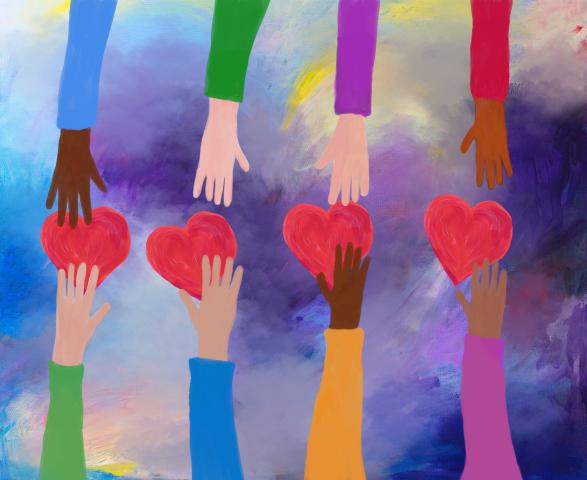 A dramatically colourful painting of hands reaching up and down to share hearts.