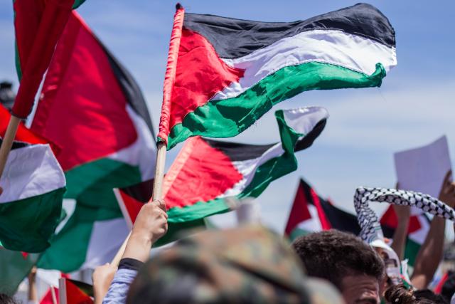 Palestinian flags are lifted during a protest