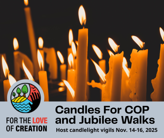 An array of candles burn, with a headline below that reads "Candles for COP and Jubilee Walks"