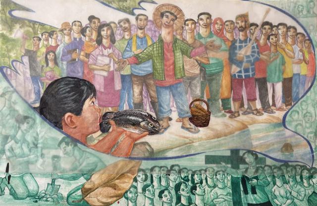 A mural depicting a modern scene of Jesus and apostles