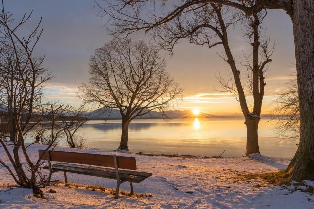 A park bench next to a lake in winter