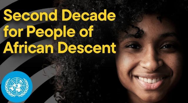 A girl smiling, with the text "Second Decade for People of African Descent"
