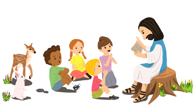 A cartoon image of Jesus reading to young children