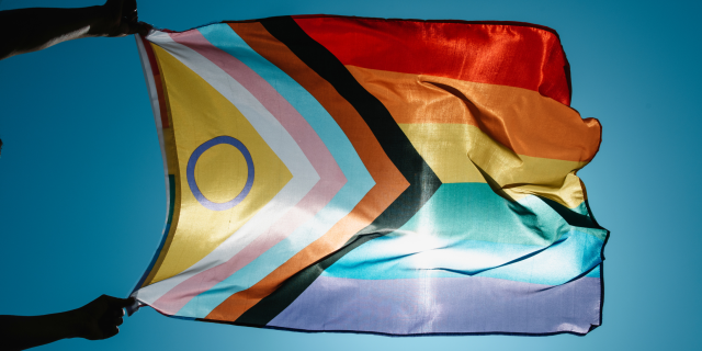 Two arms wave a Pride flag in the sun