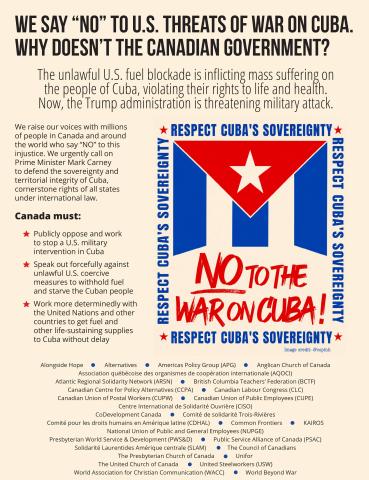 A graphic featuring a Cuban flag and text urging Canada to take action against sanctions that threaten Cubans' lives