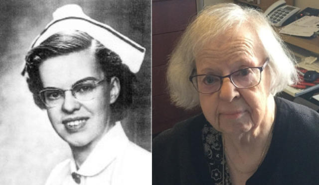 Two photographs of the same woman, the left a black-and-white shot of a youth in nursing uniform, and the right a contemporary colour photo of an older woman