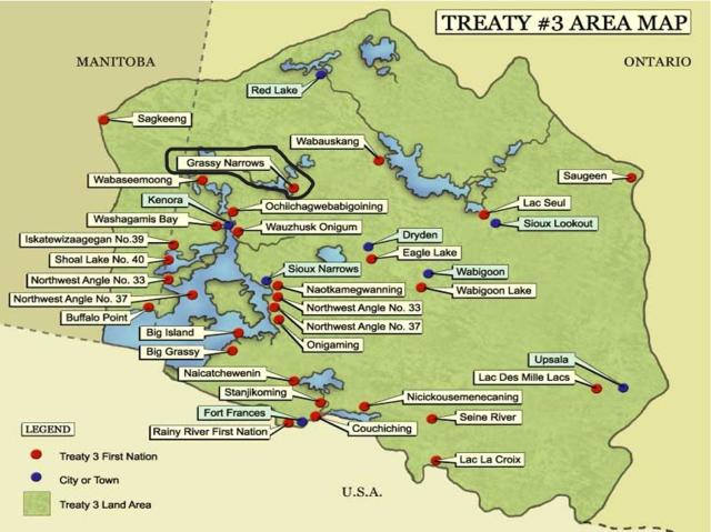 A map of Indigenous Nations in the area of Treaty #3, Ontario/Manitoba