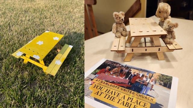 Two miniature picnic tables, one of which has a group of small bears sitting at it