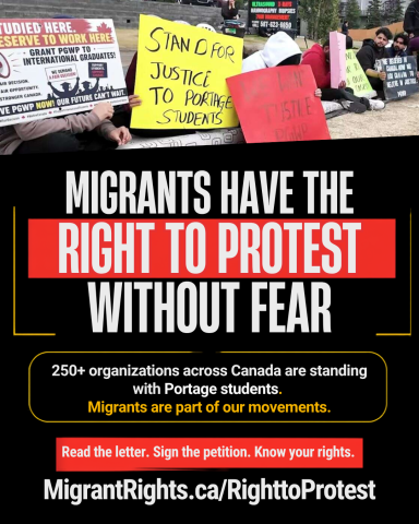 A graphic showing protest signs in support of migrants with informational text