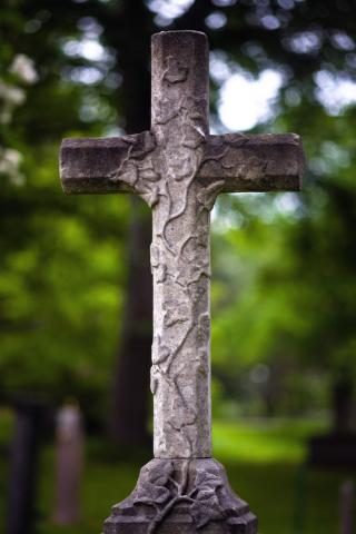 A stone cross standing outside, in front of the a background of green trees.