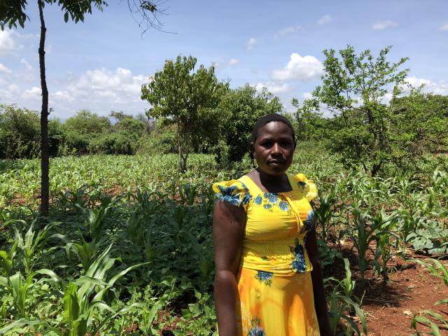 Young Kenyan farmer Anastasia stands in front of a field of maize (corn) on her small farm in Kenya.