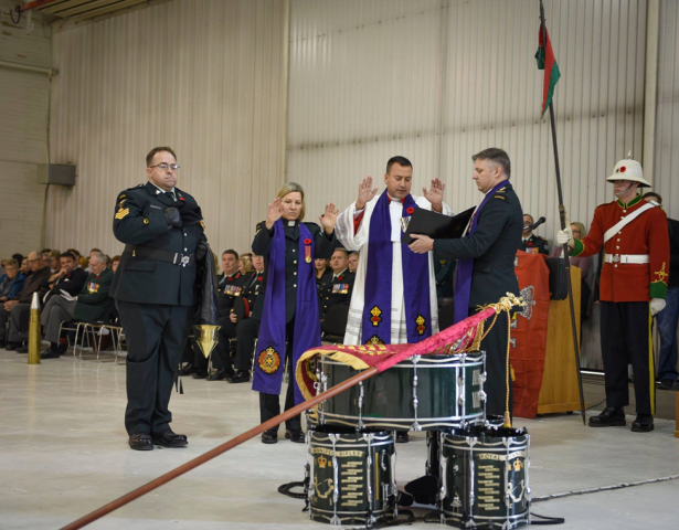 Saskatchewan Dragoons Consecration of the Guidon ceremony, Nov. 3, 2018, Moose Jaw, SK. The author, Capt. (Rev.) Linda Tomlinson-Seebach, is second from the left. Military chaplains from several different denominations consecrate the guidon of the Saskatchewan Dragoons in a ceremony.