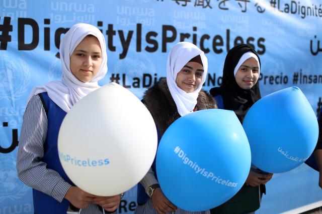 Palestinian girls at the launch of the #DignityIsPriceless campaign