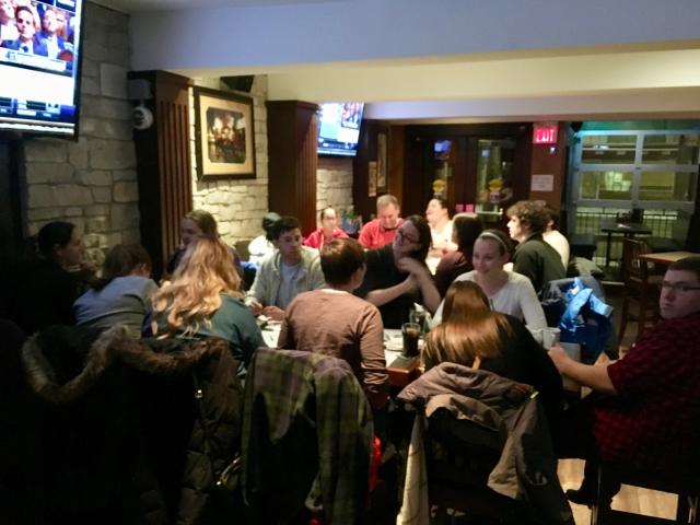Once a month, young adults from across London Conference gather at a local pub to chat, to laugh and to talk about a specific biblical passage, at a Hops and Hope night. Young adults gathered at long tables for Siloam United's Hops & Hope night.