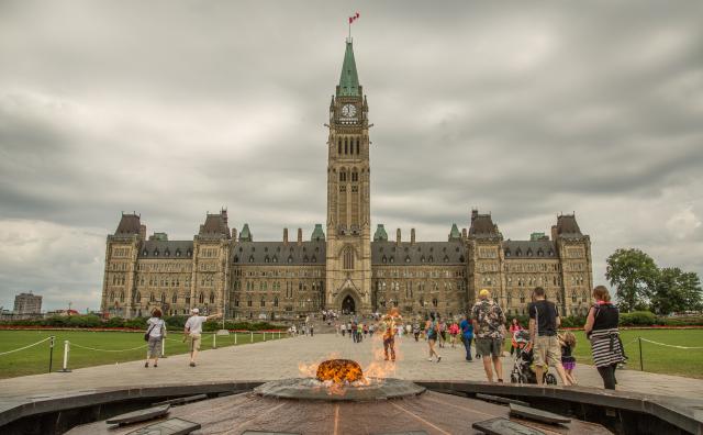 A view of the House of Commons, including the Centre Block and Centennial Flame.