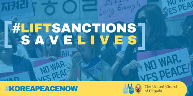 The text "lift sanctions save lives Korea peace now" is overlaid on an image of women protesting for peace.