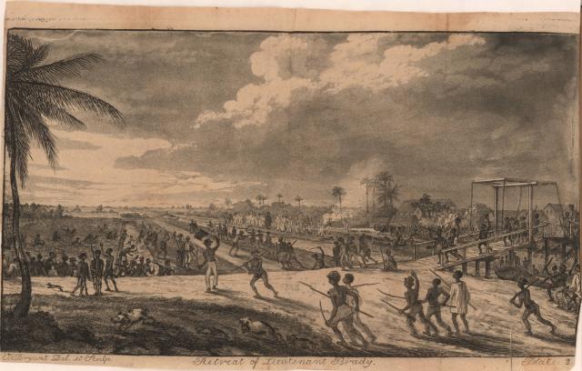 An etching from the 1800s which shows a battle in the Demerara revolt which slaves charging through a field of cane, causing the British to retreat.