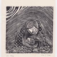 A black and white woodcarving print of a woman in pensive hope.