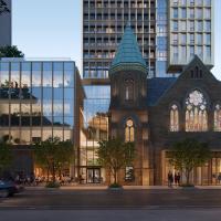 Bloor Street United Church redevelopment rendering with office building to one side and condo tower behind the church