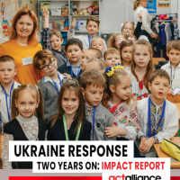 Cover of the ACT Alliance Impact Report on the Ukraine Response showing a teacher with school-aged children.