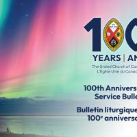 A promotional image for the 100th Anniversary Service Bulletin featuring a photo of the Northern Lights.