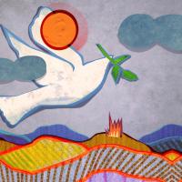 A dove flies over a battlefield