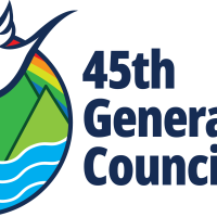 A logo for General Council 45 featuring a dove, rainbow, and globe.