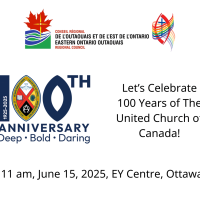A logo advertising the upcoming United Church Centennial event at the EY Centre in Ottawa, on June 15.