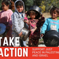 Four Palestinian children holding pots and pans, with large font text that reads "Take Action"