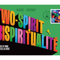 A graphic promoting Canada Post's Two-Spirit commemorative stamp