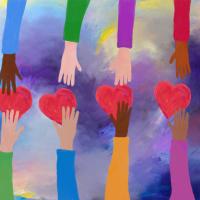 A dramatically colourful painting of hands reaching up and down to share hearts.