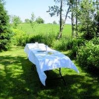 A table set up for a casual worship service on a grassy lawn.