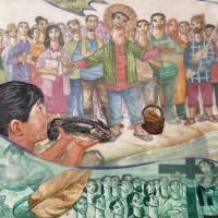 A mural depicting a modern scene of Jesus and apostles