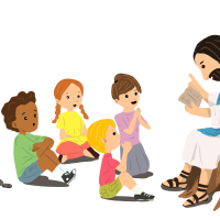 A cartoon image of Jesus reading to young children