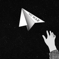 A hand throwing a paper airplane with the message "no war" written on it