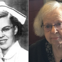 Two photographs of the same woman, the left a black-and-white shot of a youth in nursing uniform, and the right a contemporary colour photo of an older woman