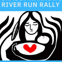 A cartoon of a mother holding a child with the text "Grassy Narrows River Run Rally"