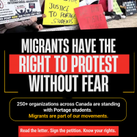 A graphic showing protest signs in support of migrants with informational text